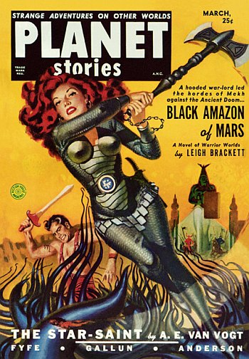 Leigh Brackett’s novella “Black Amazon of Mars” on the cover of the March 1951 PLANET STORIES.