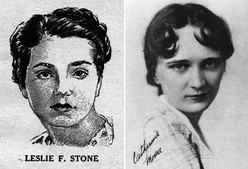 Left: Portrait of Leslie F. Stone in the June 1932 WONDER STORIES. Right: C. L. Moore, date unknown, from the collection of Julius Schwartz and reprinted in the March 1988 LOCUS.